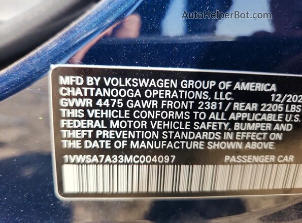 1VWSA7A33MC004097 2021 VOLKSWAGEN PASSAT Синий Вид подкапотного пространства