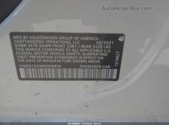 1VWSA7A33MC009834 2021 VOLKSWAGEN PASSAT White Engine compartment view