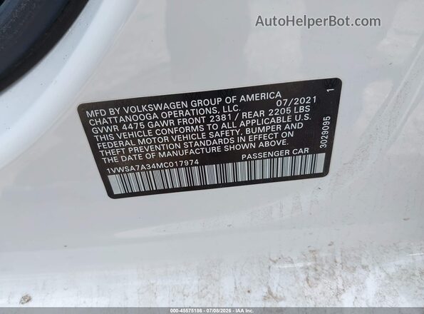 1VWSA7A34MC017974 2021 VOLKSWAGEN PASSAT White Вид підкапотного простору