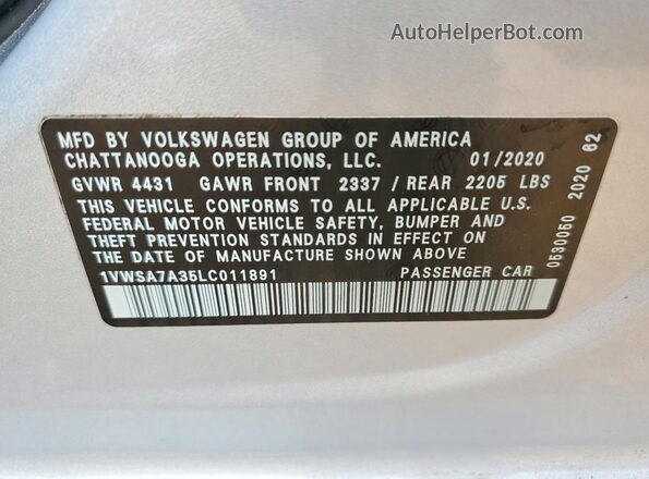 1VWSA7A35LC011891 2020 VOLKSWAGEN PASSAT Silver VIN sticker view