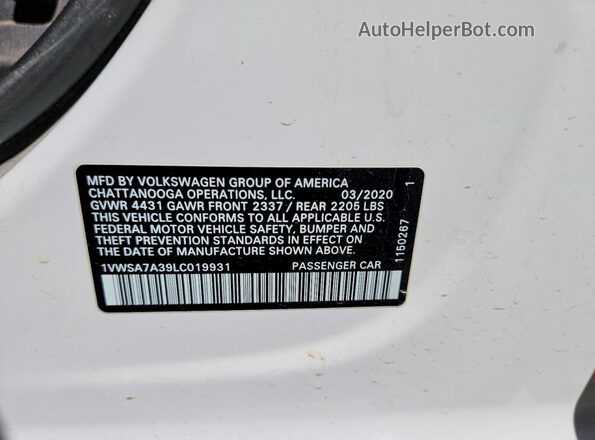1VWSA7A39LC019931 2020 VOLKSWAGEN PASSAT White Vista del compartimento del motor