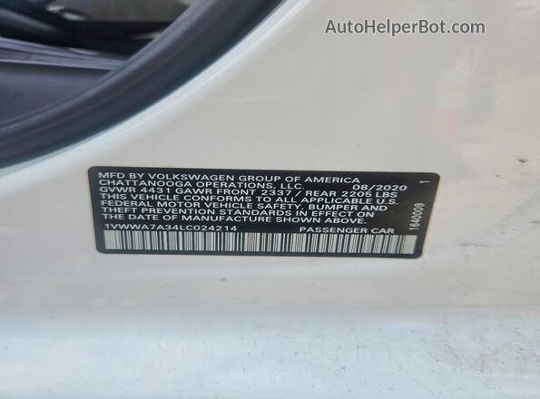 1VWWA7A34LC024214 2020 VOLKSWAGEN PASSAT White Вид підкапотного простору