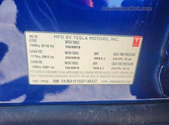 5YJSA1E16GF148422 2016 TESLA MODEL S Синий Вид наклейки с VIN-кодом