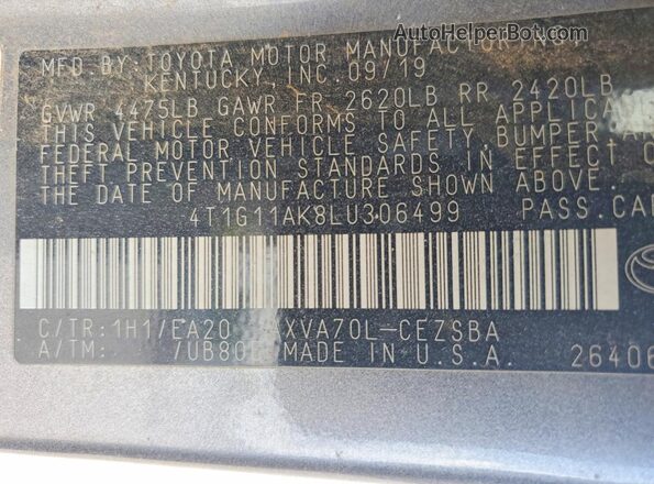 4T1G11AK8LU306499 2020 TOYOTA CAMRY Gray Vista de la etiqueta del VIN