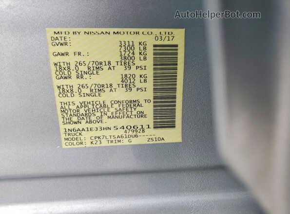 1N6AA1EJ3HN540611 2017 NISSAN TITAN Silver VIN კოდის სტიკერის ხედი
