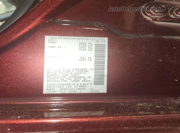 1N4BL4DVXRN431027 2024 NISSAN ALTIMA Purple VIN sticker view