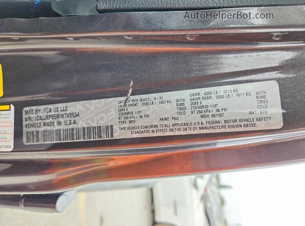 1C4JJXP65MW749934 2021 JEEP WRANGLER Gray Панорамний вид салону 360°