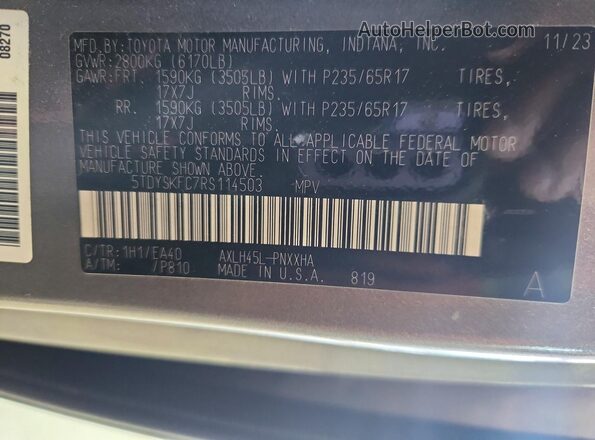 5TDYSKFC7RS114503 2024 TOYOTA SIENNA Gray Widok wnętrza 360 stopni