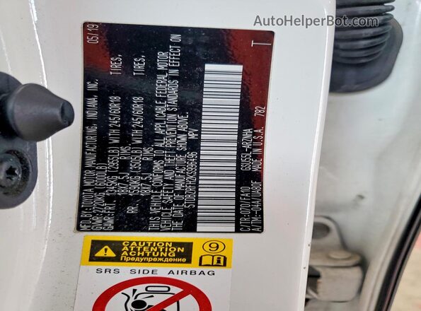 5TDBZRFH2KS996496 2019 TOYOTA HIGHLANDER White VIN sticker view