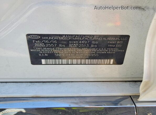5NPE34AF4GH396955 2016 HYUNDAI SONATA White Widok naklejki z numerem VIN