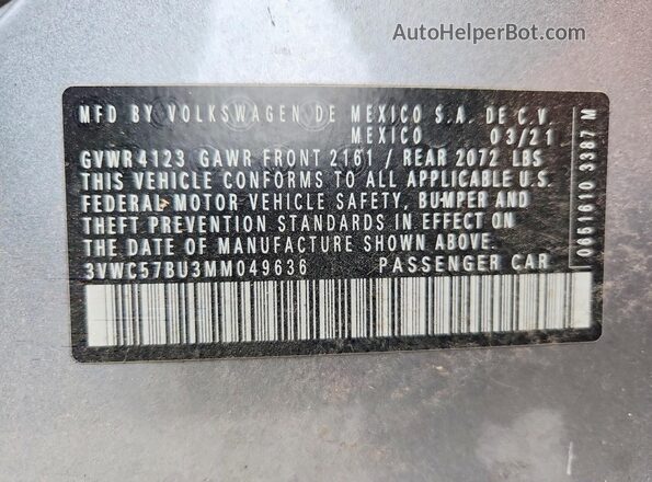 3VWC57BU3MM049636 2021 VOLKSWAGEN JETTA Gray Widok naklejki z numerem VIN