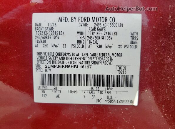 2LMPJ6KR6HBL16197 2017 LINCOLN MKX Red 