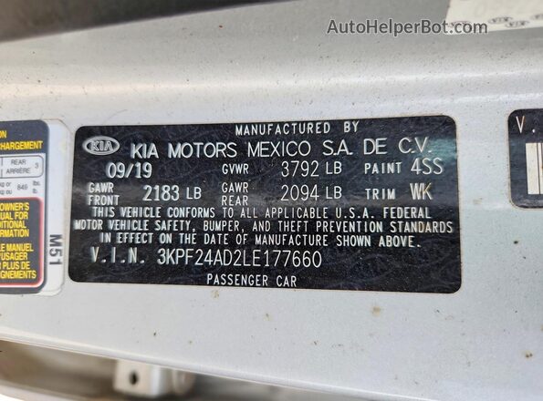 3KPF24AD2LE177660 2020 KIA FORTE Gray VIN კოდის სტიკერის ხედი