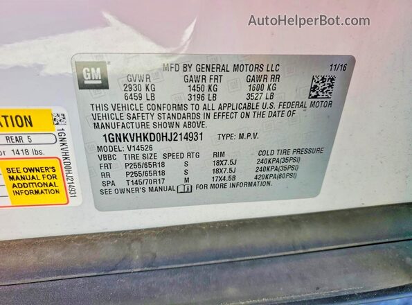 1GNKVHKD0HJ214931 2017 CHEVROLET TRAVERSE White Vista interior de 360 grados