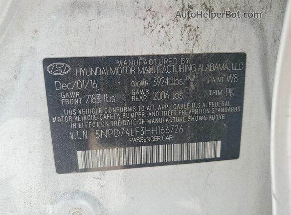 5NPD74LF3HH166726 2017 HYUNDAI ELANTRA Белый Вид наклейки с VIN-кодом