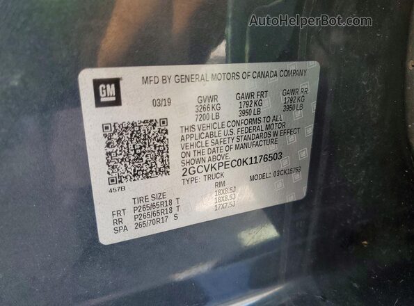 2GCVKPEC0K1176503 2019 CHEVROLET SILVERADO Gray Widok naklejki z numerem VIN