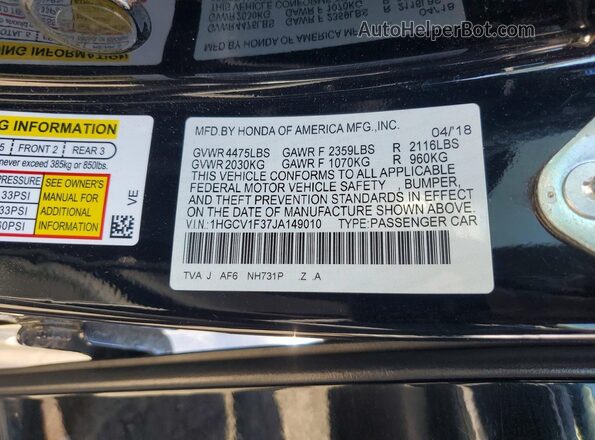 1HGCV1F37JA149010 2018 HONDA ACCORD Black VIN կոդի պիտակի տեսք