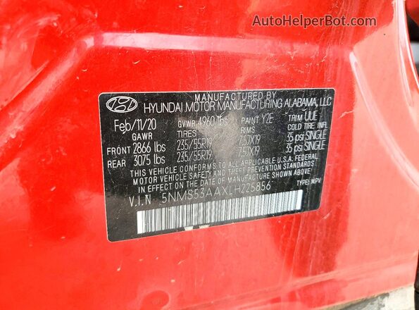 5NMS53AAXLH225856 2020 HYUNDAI SANTA Red Панорамний вид салону 360°