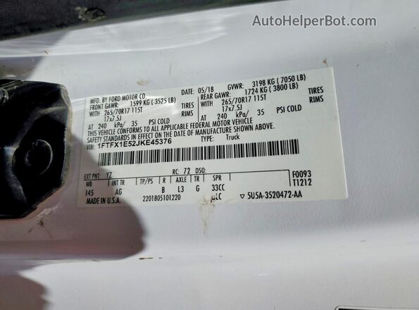 1FTFX1E52JKE45376 2018 FORD F150 White Widok naklejki z numerem VIN