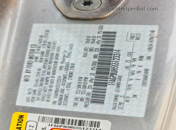 1FAGP8UH5S5123314 2025 FORD MUSTANG Silver VIN კოდის სტიკერის ხედი