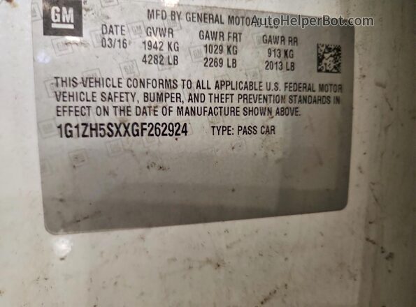 1G1ZH5SXXGF262924 2016 CHEVROLET MALIBU White VIN კოდის სტიკერის ხედი