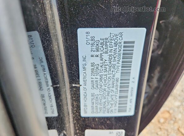 1HGCV1F33JA091980 2018 HONDA ACCORD Black Widok naklejki z numerem VIN