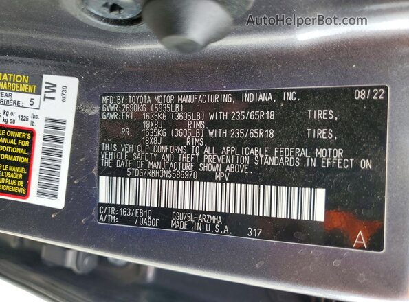 5TDGZRBH3NS586970 2022 TOYOTA HIGHLANDER Gray სალონის 360-გრადუსიანი ხედი