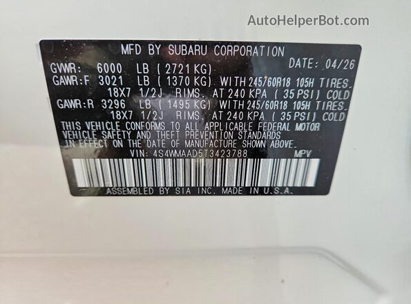 4S4WMAAD5T3423788 2026 SUBARU ASCENT White Vista de la etiqueta del VIN