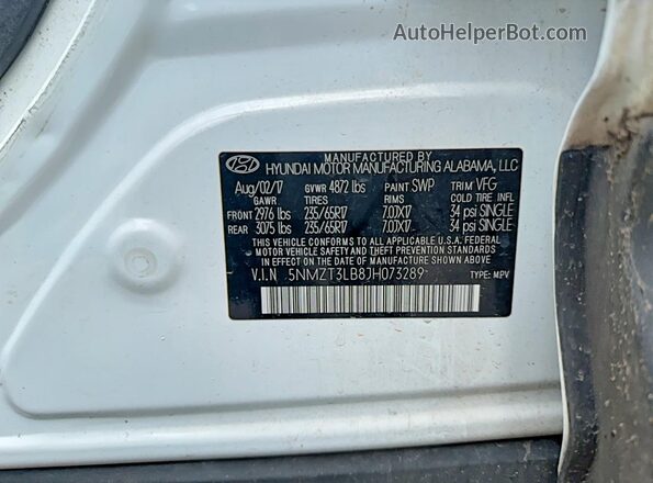 5NMZT3LB8JH073289 2018 HYUNDAI SANTA FE Белый Вид задней части салона