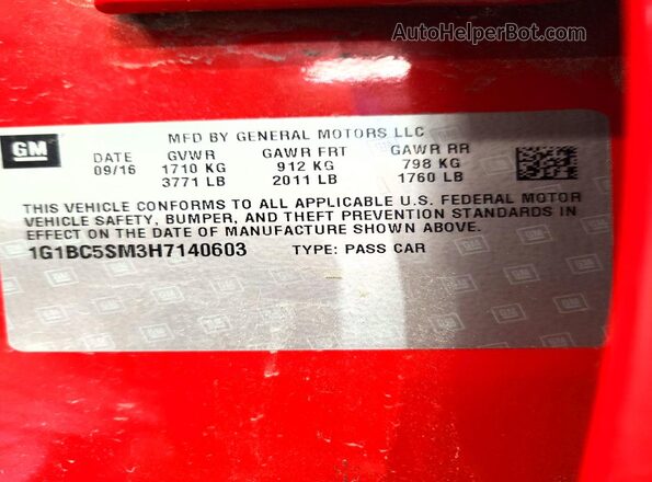 1G1BC5SM3H7140603 2017 CHEVROLET CRUZE Red Widok naklejki z numerem VIN