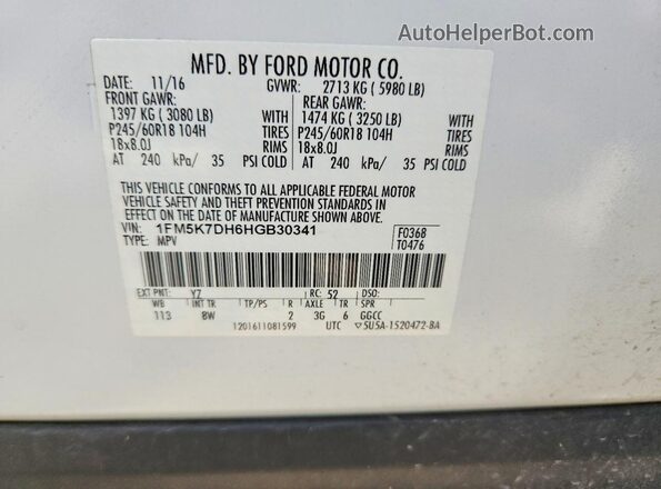 1FM5K7DH6HGB30341 2017 FORD EXPLORER White Vista interior de 360 grados