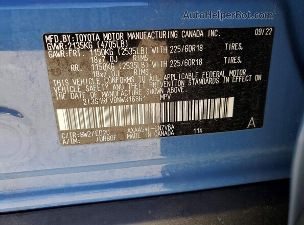 2T3S1RFV8NW316861 2022 TOYOTA RAV4 Blue 360 interior view