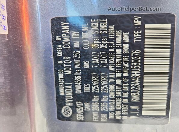 KM8J23A43HU580376 2017 HYUNDAI TUCSON Серый Панорамный вид салона 360°