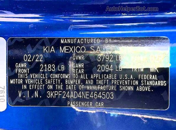 3KPF24AD4NE464503 2022 KIA FORTE Blue 