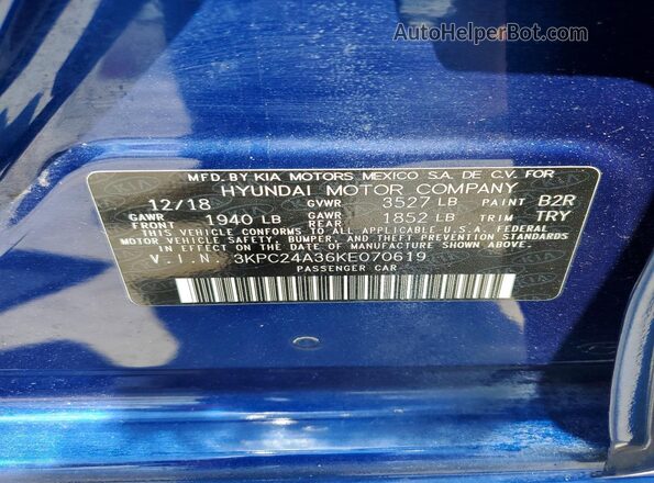 3KPC24A36KE070619 2019 HYUNDAI ACCENT Blue VIN կոդի պիտակի տեսք