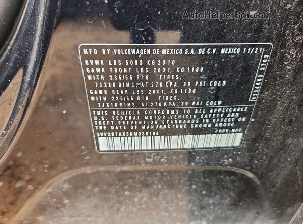 3VV2B7AX3NM036164 2022 VOLKSWAGEN TIGUAN Black Vista interior de 360 grados