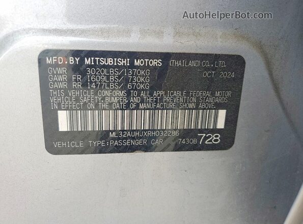 ML32AUHJXRH032286 2024 MITSUBISHI MIRAGE Silver Vista de la etiqueta del VIN