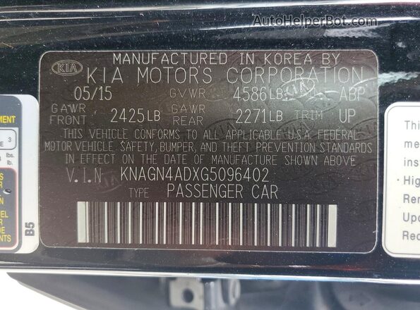 KNAGN4ADXG5096402 2016 KIA OPTIMA Черный Вид наклейки с VIN-кодом