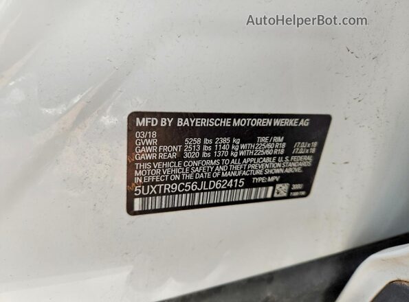 5UXTR9C56JLD62415 2018 BMW X3 White Շարժիչի բաժամունքի տեսք