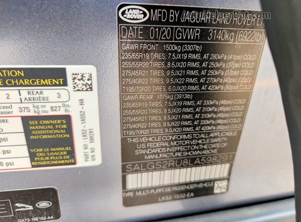 SALGS2RU8LA598291 2020 LAND ROVER RANGE ROVER Синий Панорамный вид салона 360°
