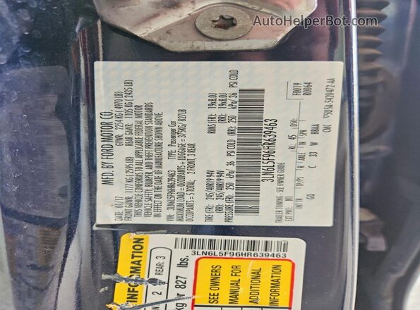 3LN6L5F96HR639463 2017 LINCOLN MKZ Blue Widok naklejki z numerem VIN