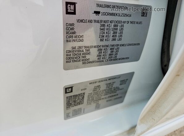 1GCRWBEK1LZ325414 2020 CHEVROLET SILVERADO Белый Вид наклейки с VIN-кодом