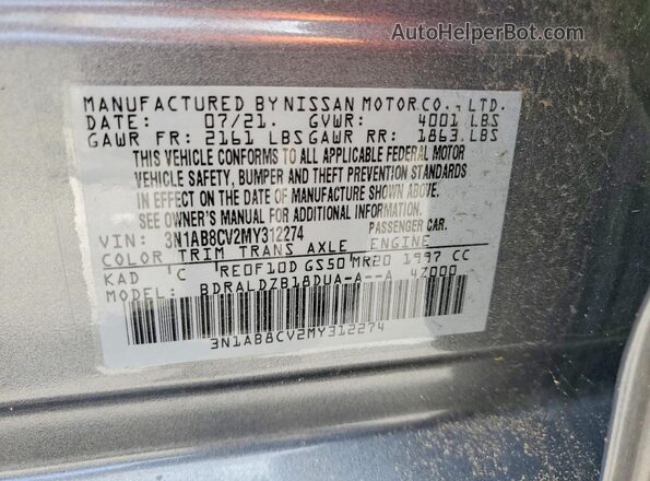 3N1AB8CV2MY312274 2021 NISSAN SENTRA Gray VIN კოდის სტიკერის ხედი