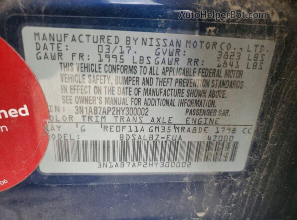 3N1AB7AP2HY300002 2017 NISSAN SENTRA Blue VIN კოდის სტიკერის ხედი