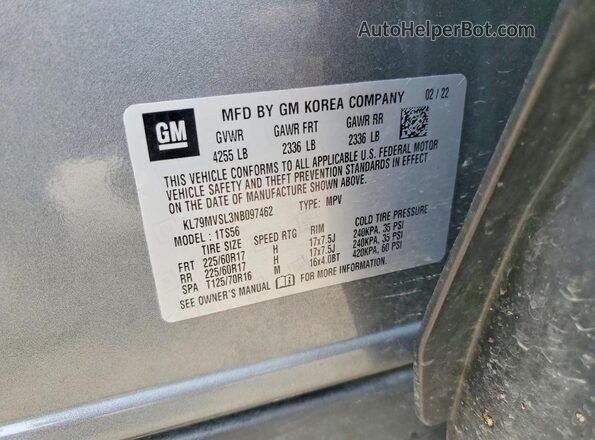 KL79MVSL3NB097462 2022 CHEVROLET TRAILBLAZER Gray სალონის 360-გრადუსიანი ხედი