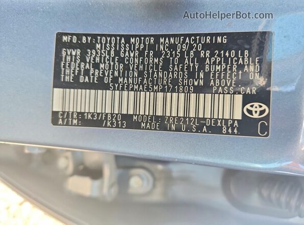 5YFEPMAE5MP171809 2021 TOYOTA COROLLA Blue Widok naklejki z numerem VIN