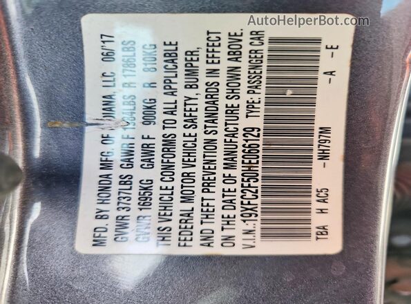 19XFC2F50HE066129 2017 HONDA CIVIC Black Widok naklejki z numerem VIN