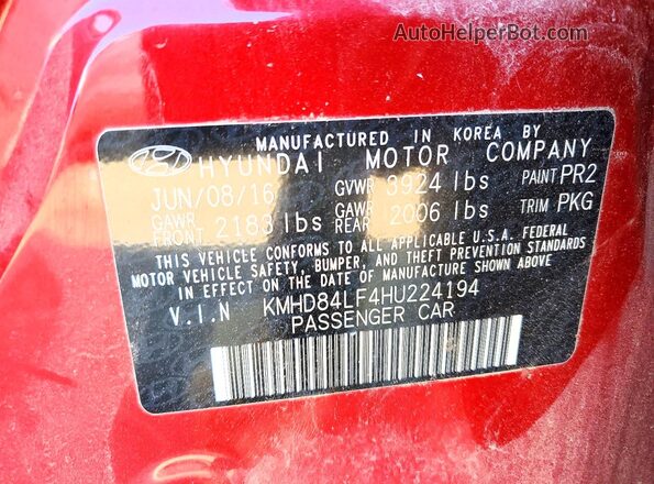 KMHD84LF4HU224194 2017 HYUNDAI ELANTRA Red Вид наклейки з VIN-кодом