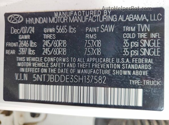 5NTJBDDE3SH137582 2025 HYUNDAI SANTA White VIN sticker view