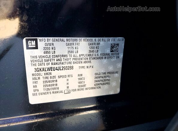 3GKALWEU4JL293288 2018 GMC TERRAIN Черный Панорамный вид салона 360°